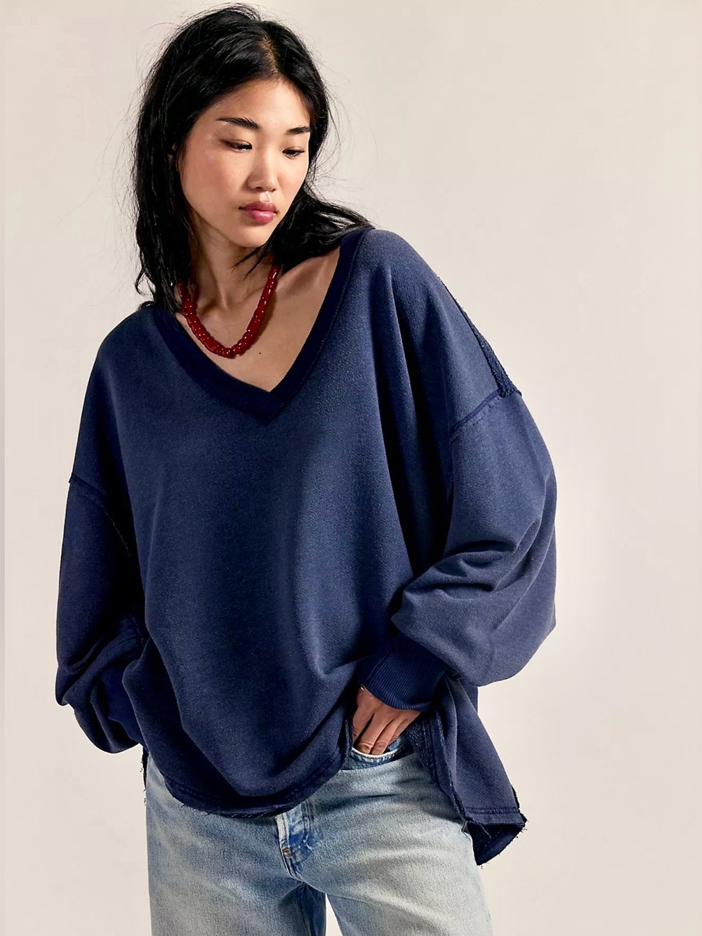 NEW Free People x We The Free Venice V-Neck Sweatshirt in Navy